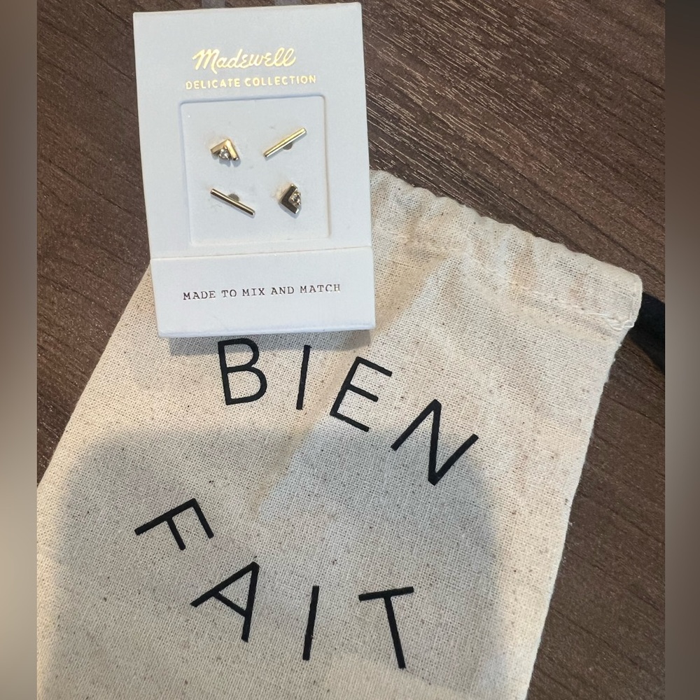 Madewell, delicate earrings, demi-fine white sapphire stud set and gold bar set